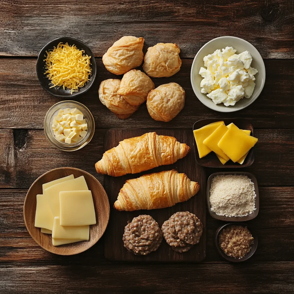 A neatly arranged collection of ingredients for Jimmy Dean Breakfast Sandwiches, including sausage, eggs, cheese, and croissants