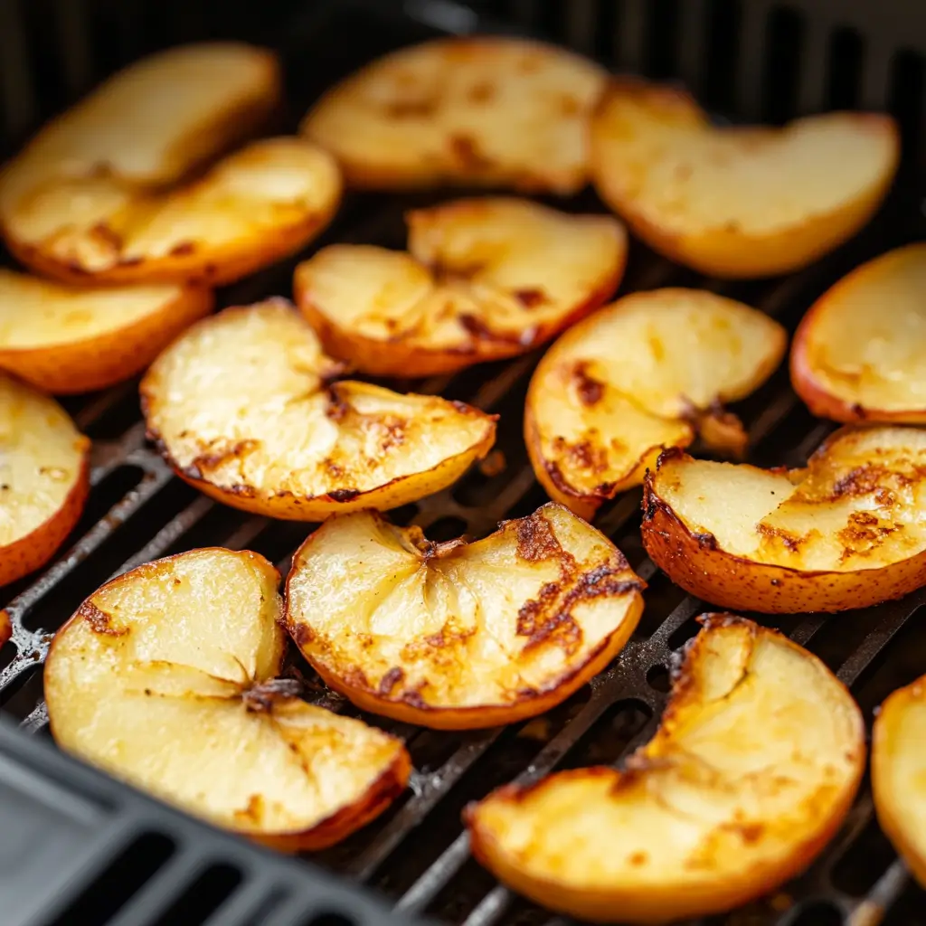 A close-up shot of crispy air fryer apple slices in the air fryer basket, showing the golden, crunchy texture.
