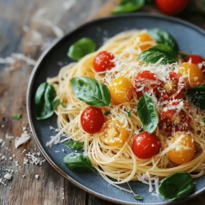 A plate of Capellini pasta topped with fresh cherry tomatoes, basil, and a sprinkle of Parmesan.