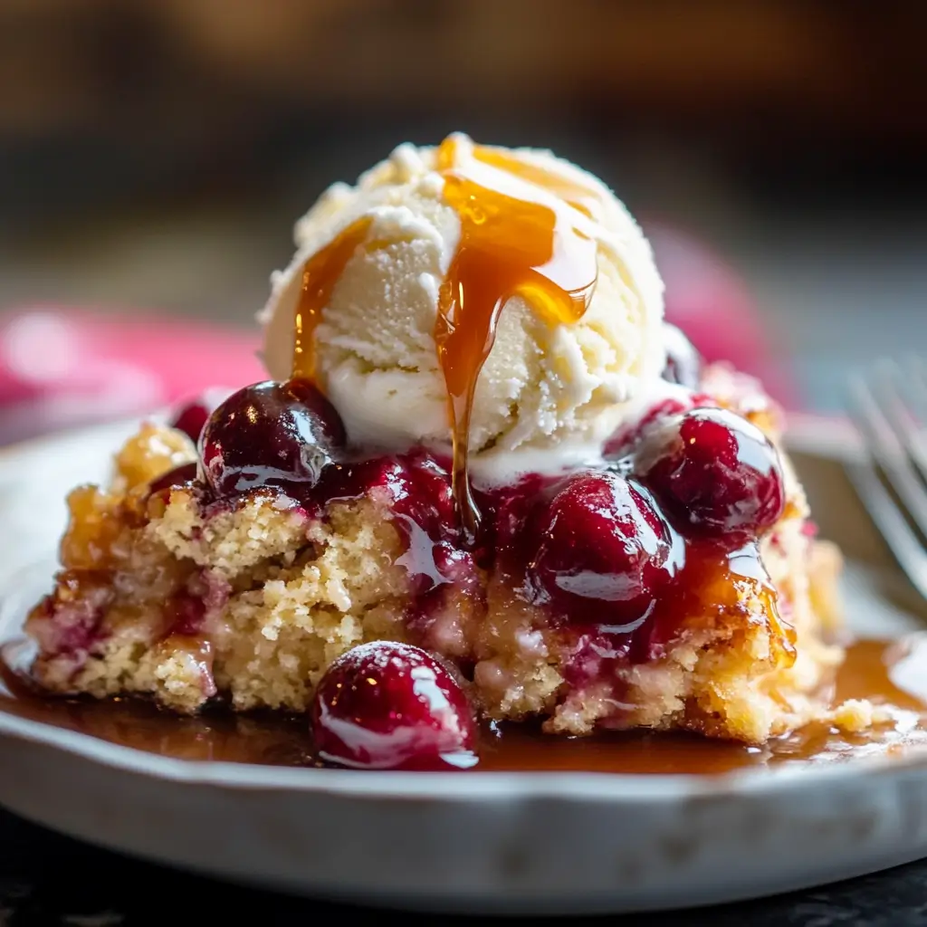 A scoop of cherry dump cake on a plate, topped with a scoop of vanilla ice cream and a drizzle of caramel sauce.