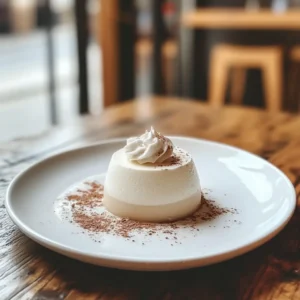 A plated panna cotta topped with whipped cream and a sprinkle of sea salt, served on a small white plate.
