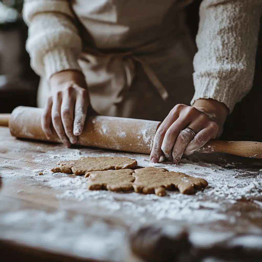 A person rolling out gingerbread dough with a rolling pin on a floured surface.