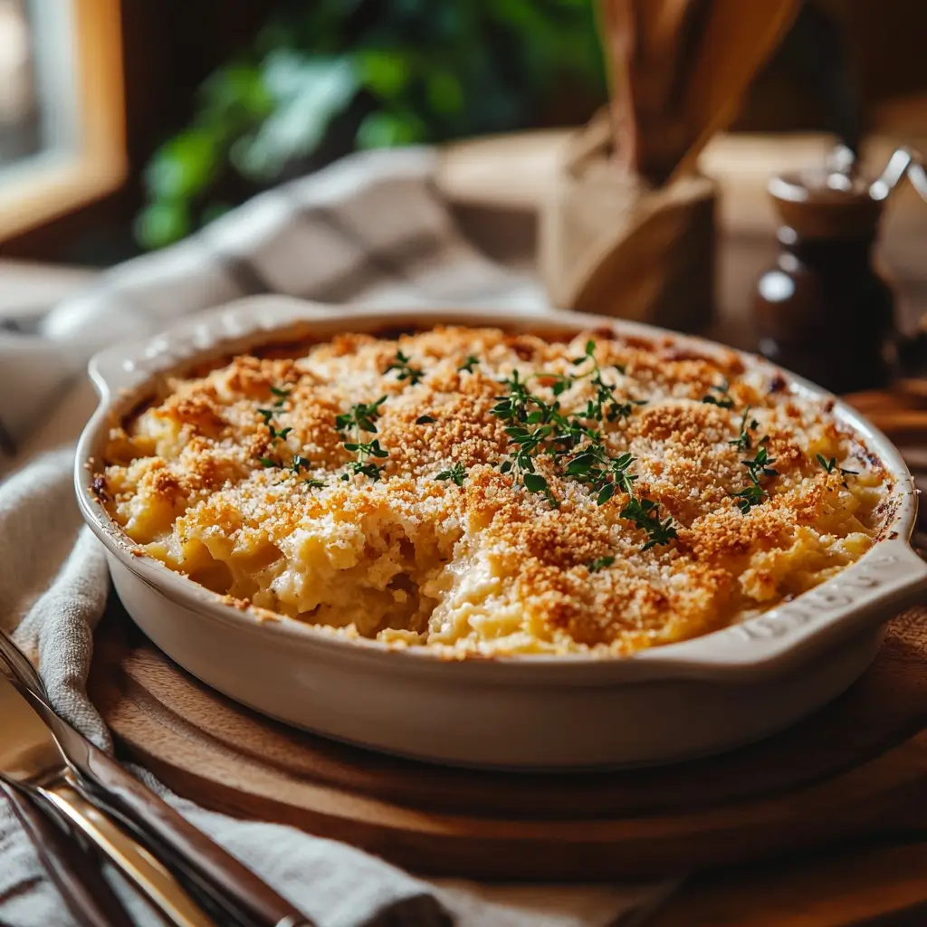 A golden-brown Chicken Divan casserole fresh out of the oven, topped with crispy breadcrumbs and parmesan cheese.