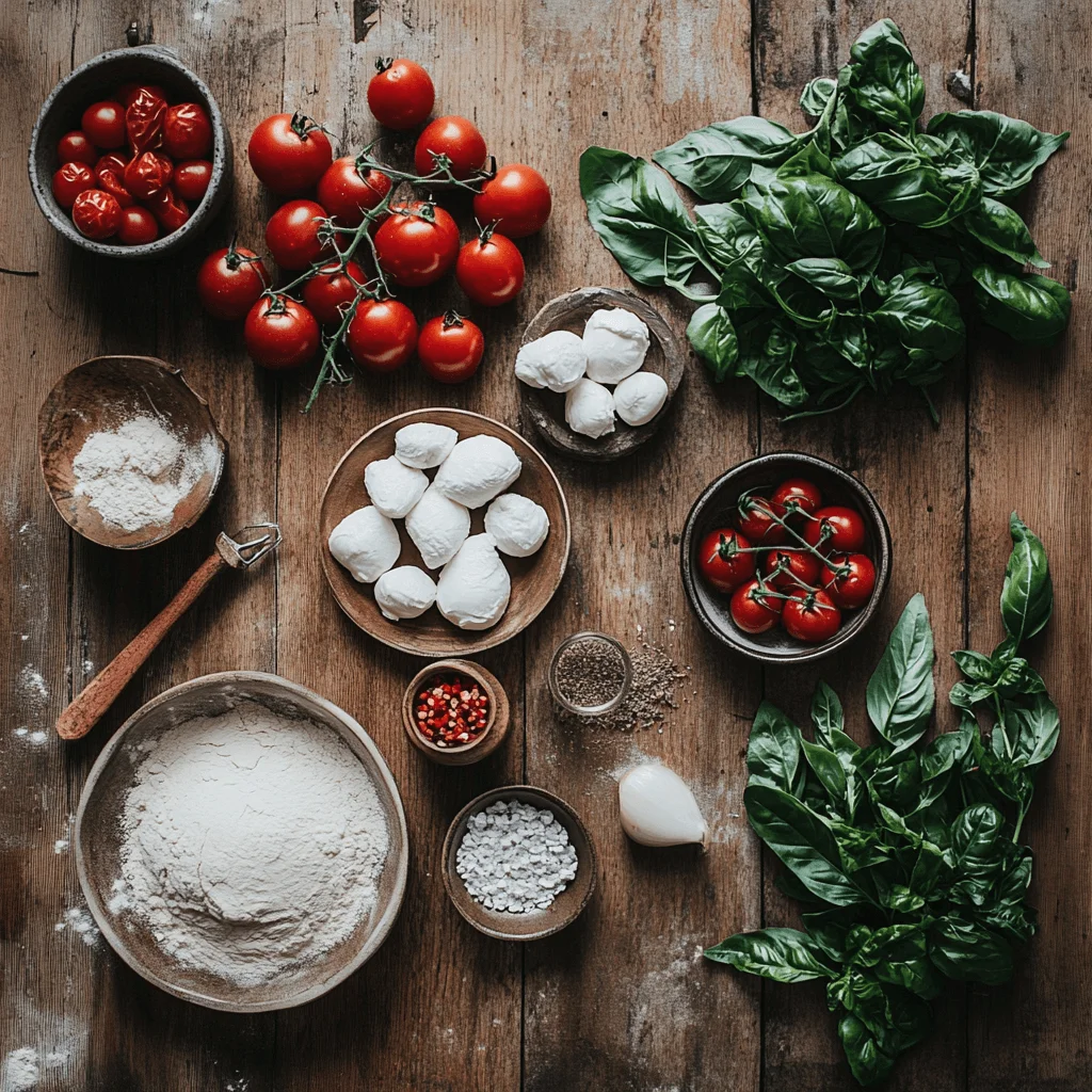 A neatly arranged collection of ingredients for pizza pie, including flour, yeast, San Marzano tomatoes, fresh mozzarella, and basil