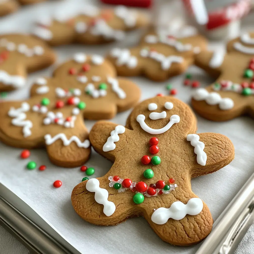 A variety of gingerbread man cookies decorated with colorful icing, sprinkles, and small candies, arranged on a baking sheet with a piping bag nearby.