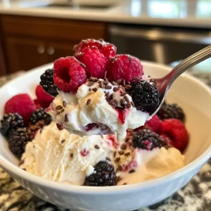 A spoonful of creamy frozen keto dessert topped with berries, ready to be enjoyed.