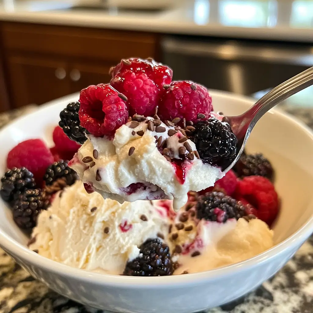 A spoonful of creamy frozen keto dessert topped with berries, ready to be enjoyed.