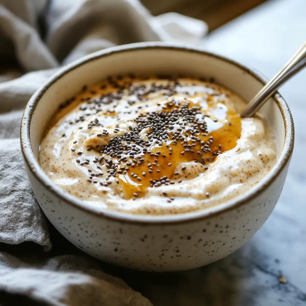 A close-up of creamy protein pudding served in a bowl with chia seeds and peanut butter on top.
