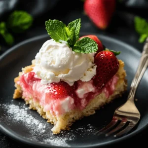 Various toppings, including whipped cream, vanilla ice cream, and fresh mint, next to a serving of strawberry cheesecake dump cake.