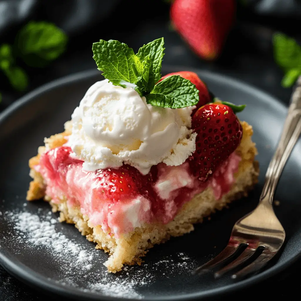 Various toppings, including whipped cream, vanilla ice cream, and fresh mint, next to a serving of strawberry cheesecake dump cake.