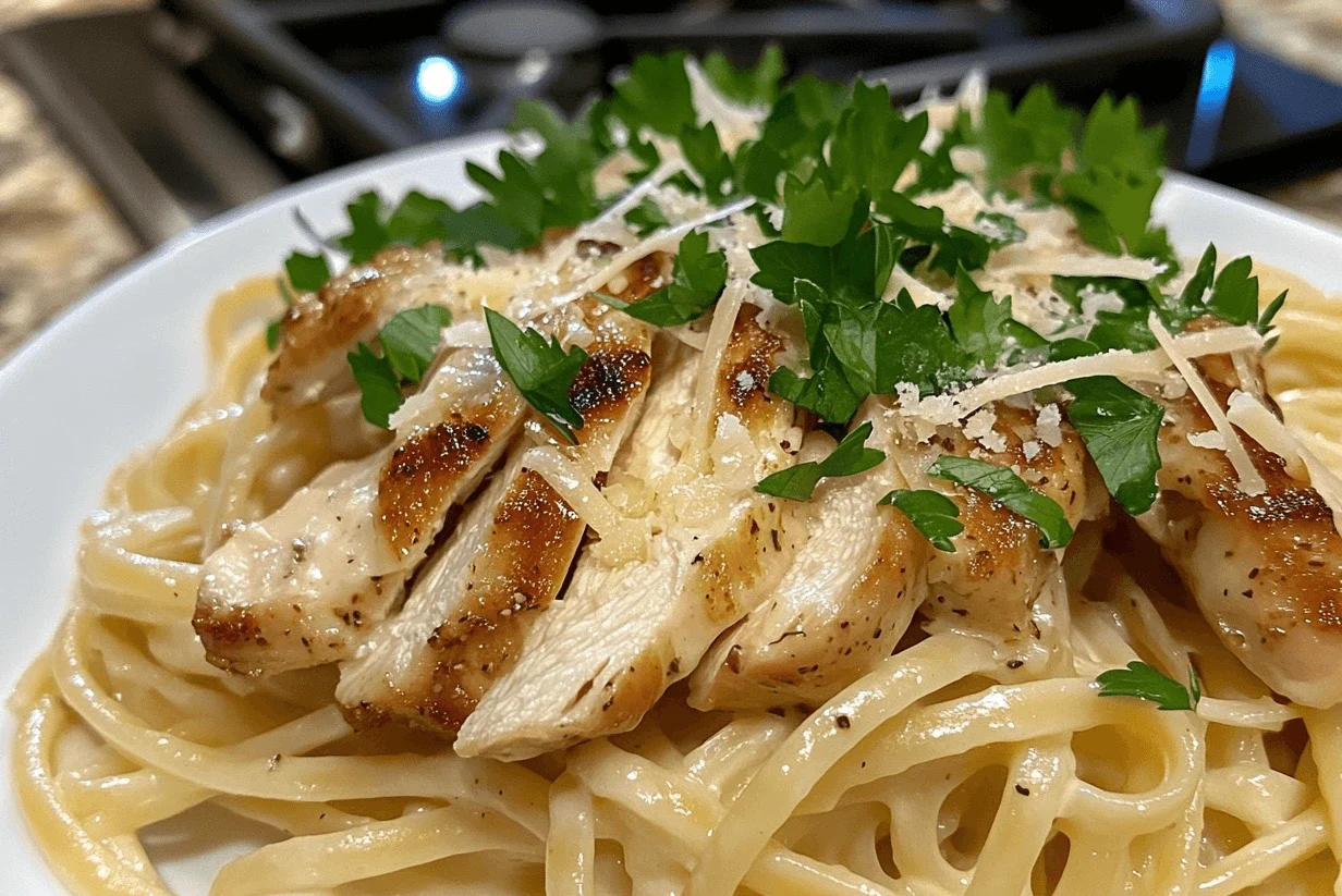 A bowl of creamy garlic Parmesan chicken pasta, garnished with fresh parsley and Parmesan shavings.