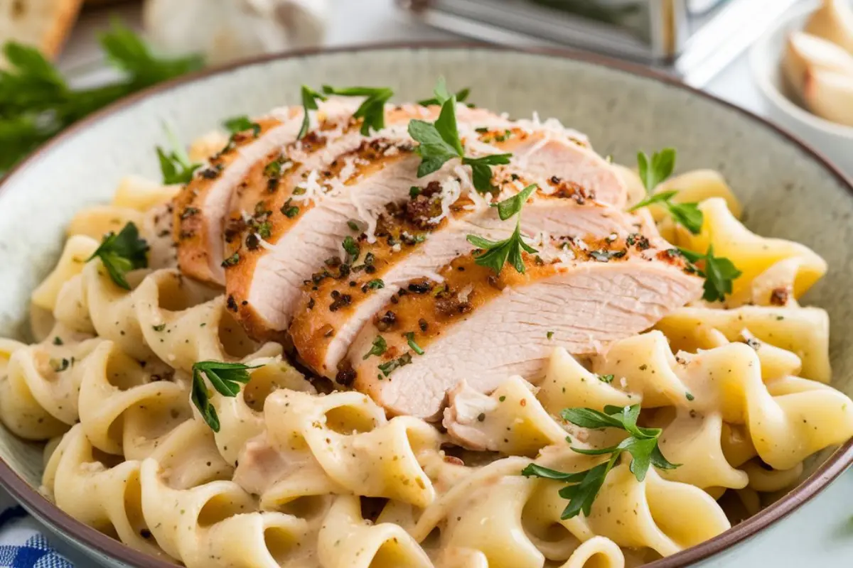 A beautifully plated bowl of Garlic Parmesan Chicken Pasta topped with slices of seared chicken, garnished with parsley, and sprinkled with extra Parmesan.