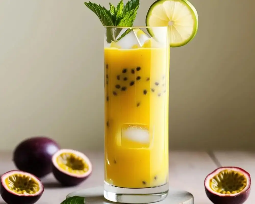 A tall glass of passion fruit juice served with ice cubes, garnished with a slice of lime and fresh mint leaves, sitting on a rustic wooden table.