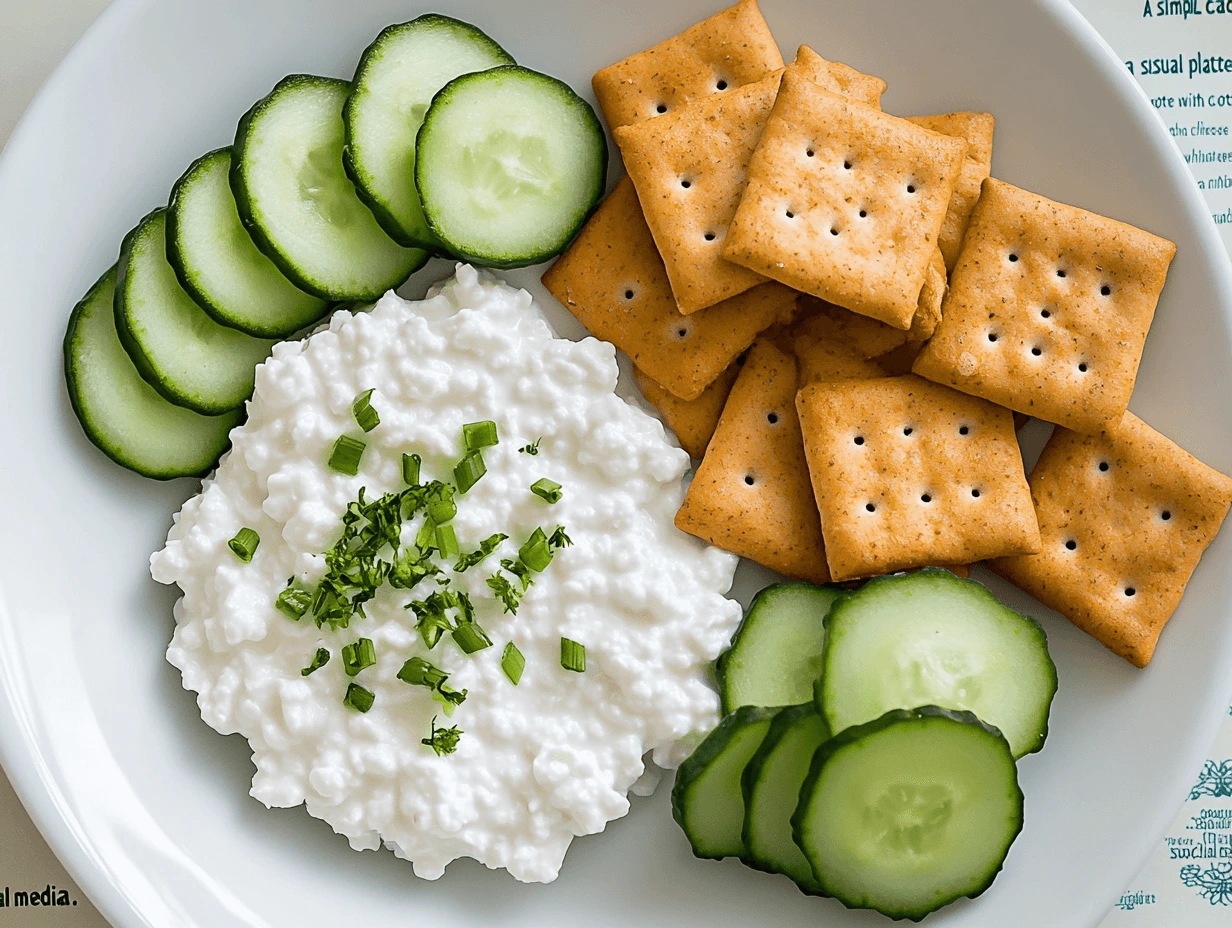 A snack plate with cottage cheese served with whole-grain crackers and cucumber slices.