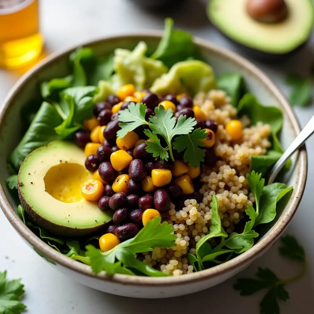 A healthy salad topped with black bean and corn salsa, garnished with fresh cilantro.