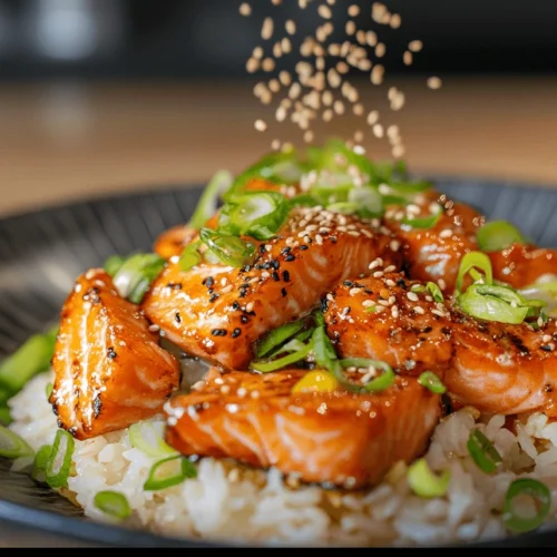 A close-up of a salmon rice bowl being garnished with sesame seeds and green onions."