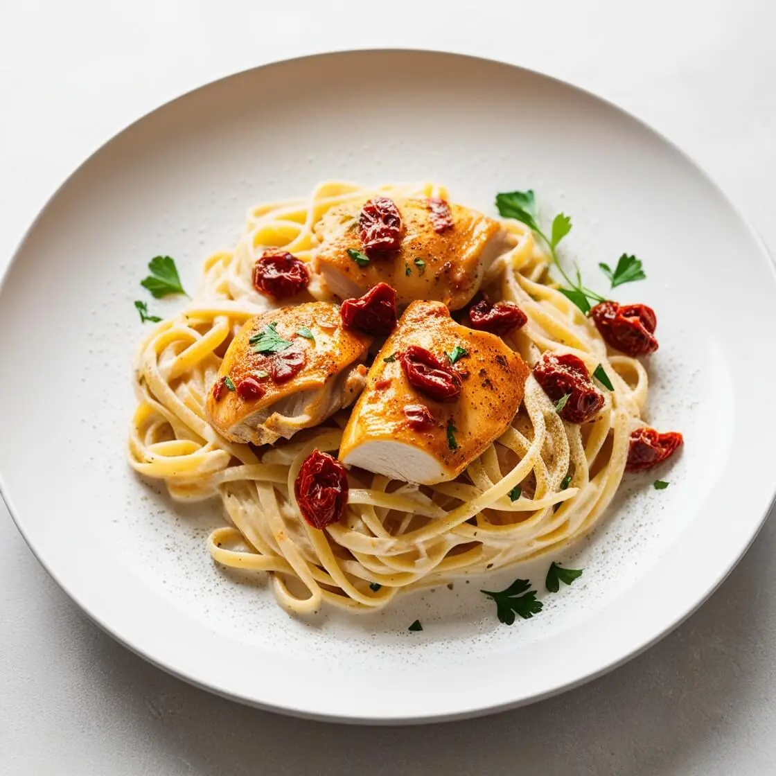 "A pan with creamy sauce being stirred, with parmesan cheese and sun-dried tomatoes added, ready to coat the pasta
