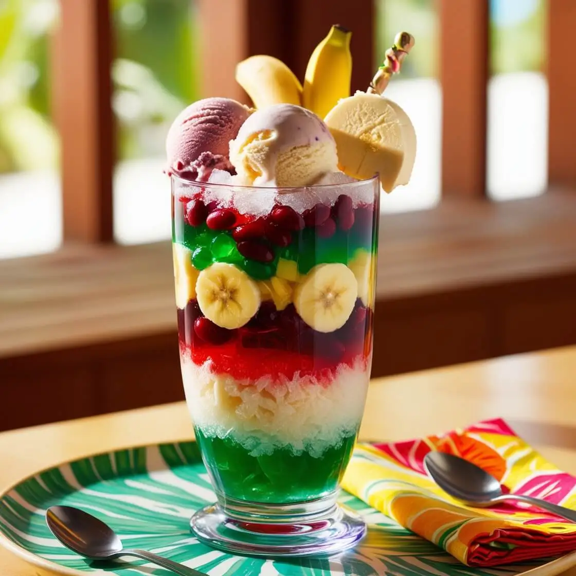 A tall glass of halo-halo filled with colorful layers of sweet beans, jelly, fruits, crushed ice, and topped with purple ube ice cream and flan