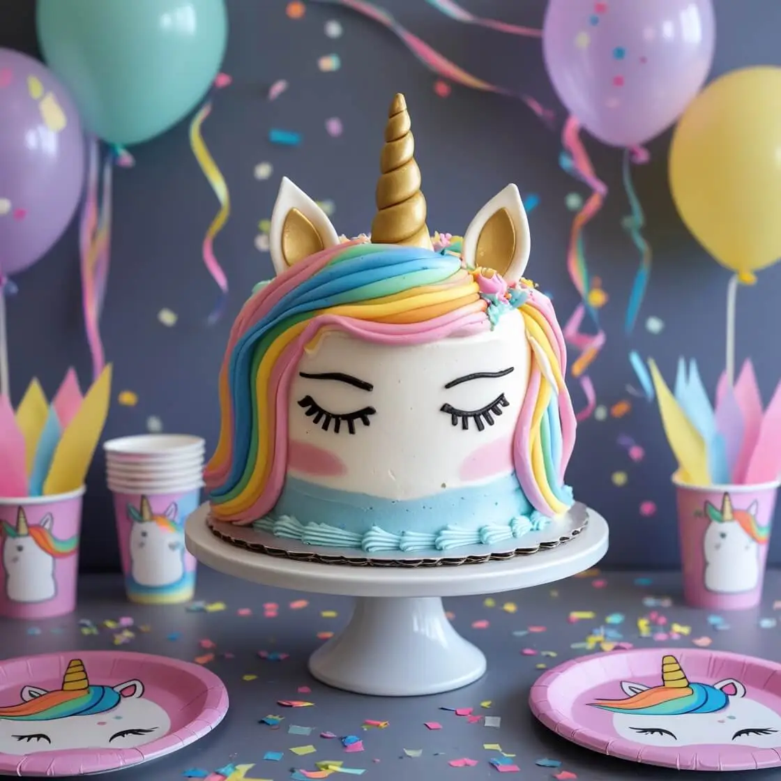 A flat lay of ingredients and tools for a unicorn cake, including pastel-colored fondant, frosting bags, edible glitter, cake layers, and a unicorn horn mold.