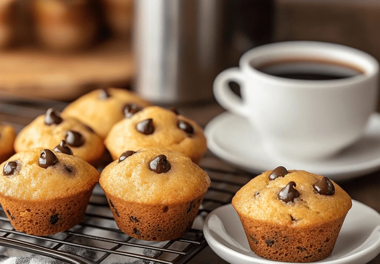 A batch of freshly baked mini chocolate chip muffins cooling on a wire rack, with a few muffins placed on a plate beside a cup of coffee."