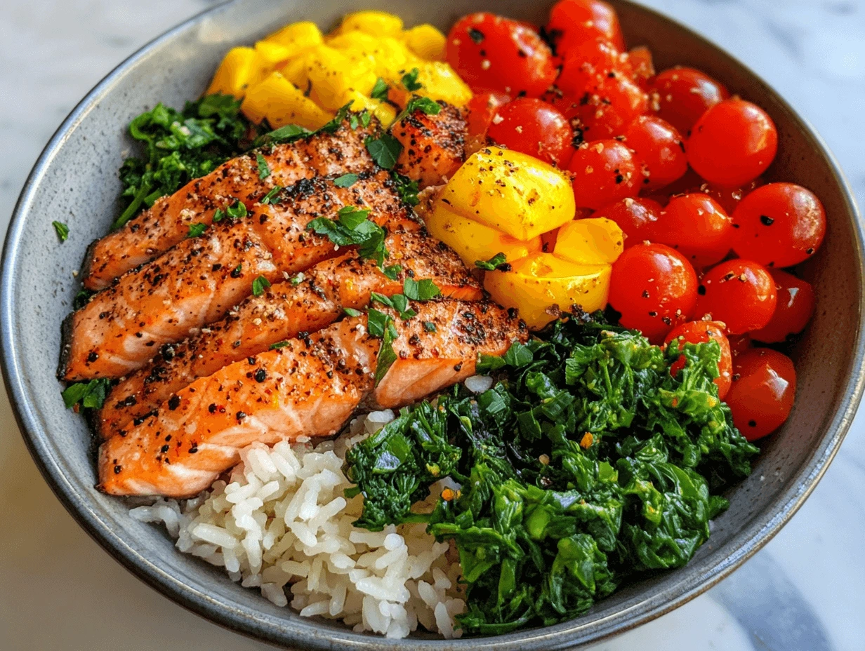 A delicious salmon rice bowl with vibrant vegetables, rice, and salmon arranged beautifully in a shallow bowl