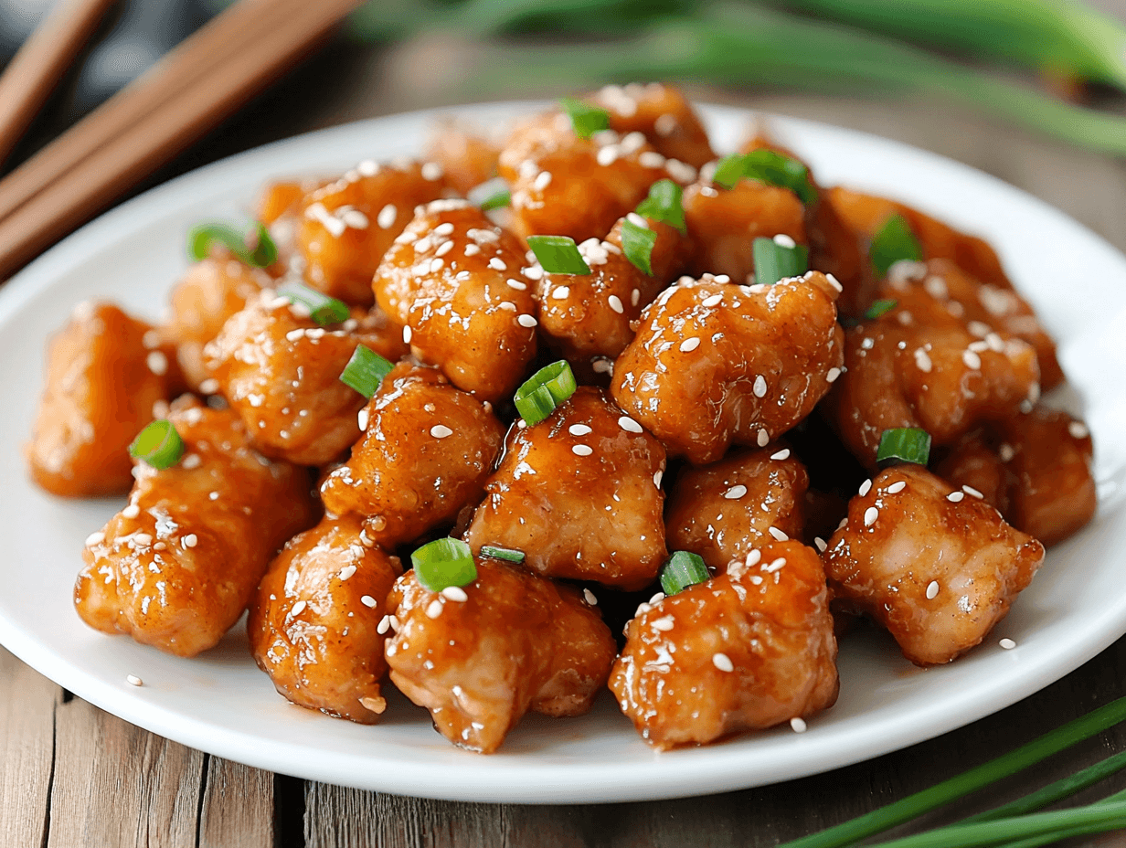 A close-up of honey glazed chicken pieces on a white plate with a shiny, golden coating."