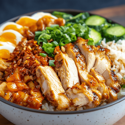 A neat and organized recipe card for making a chicken rice bowl with ingredients, instructions, and cooking tips