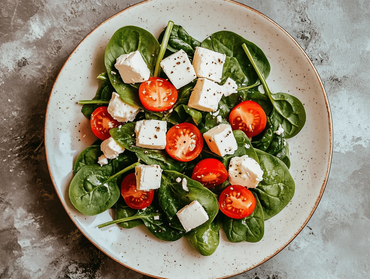 A vibrant spinach and feta salad with fresh vegetables and a light vinaigrette.