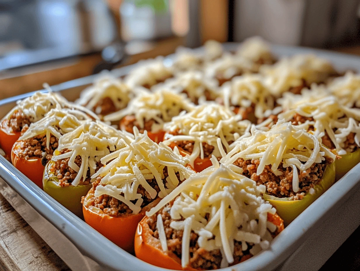 A baking dish filled with taco stuffed peppers topped with cheese, ready to go into the oven.