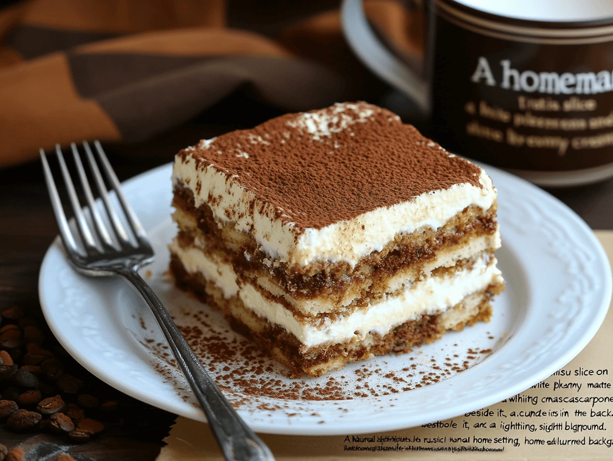 A freshly made classic tiramisu in a glass dish, dusted with cocoa powder, with a spoonful taken out to reveal creamy layers.