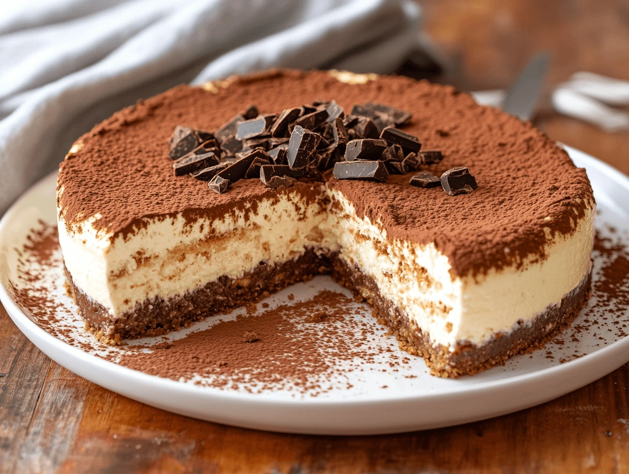 A full tiramisu cheesecake with cocoa powder dusting, garnished with chocolate shavings and coffee beans, sitting on a rustic wooden table.
