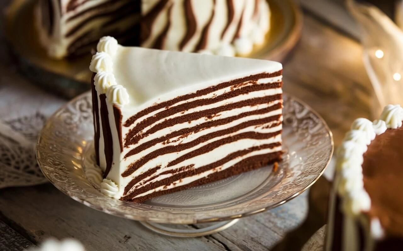 A slice of zebra cake with frosting, revealing chocolate and vanilla striped layers."