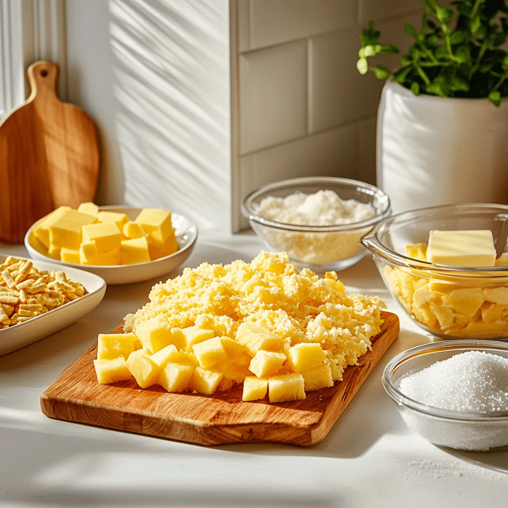 A neatly arranged spread of ingredients for pineapple casserole, including pineapple chunks, shredded cheddar cheese, Ritz crackers, sugar, and butter