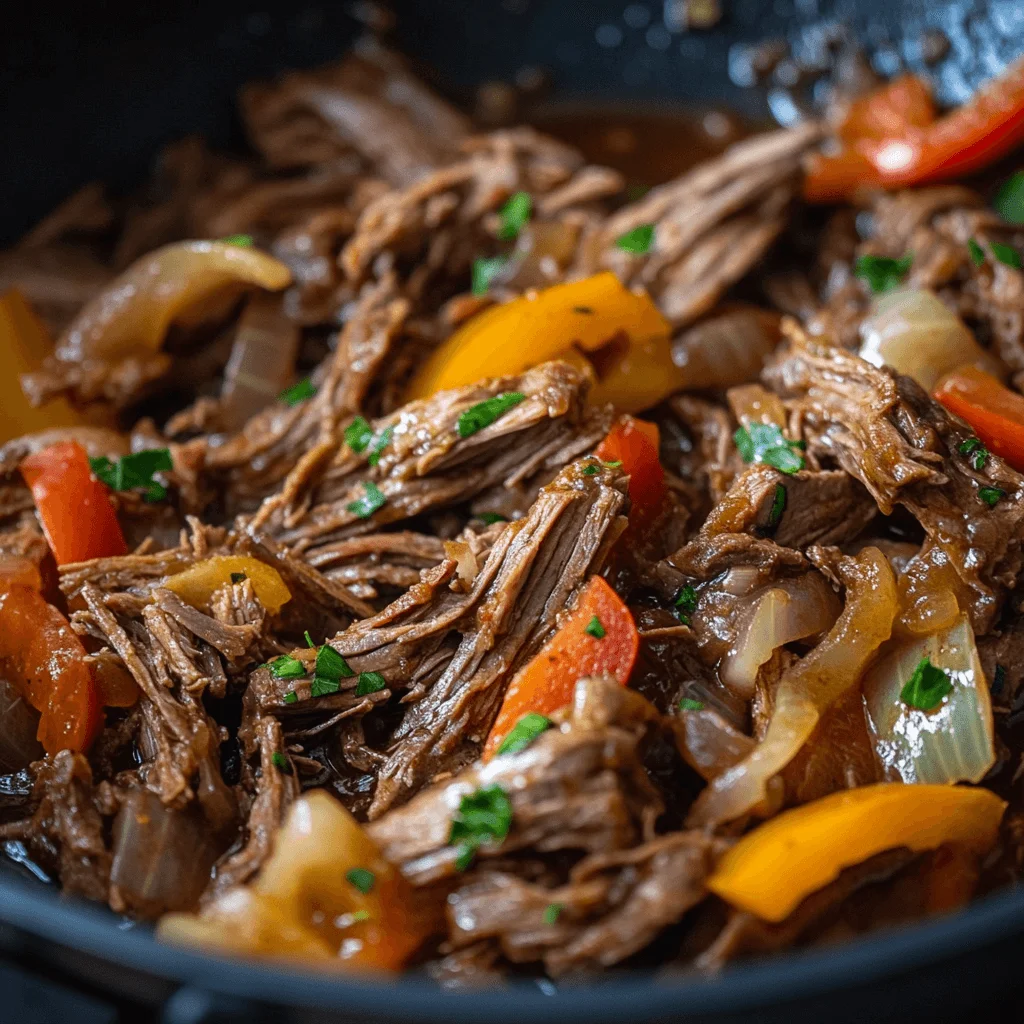A close-up shot of shredded leftover pot roast cooking in a skillet with onions and bell peppers.