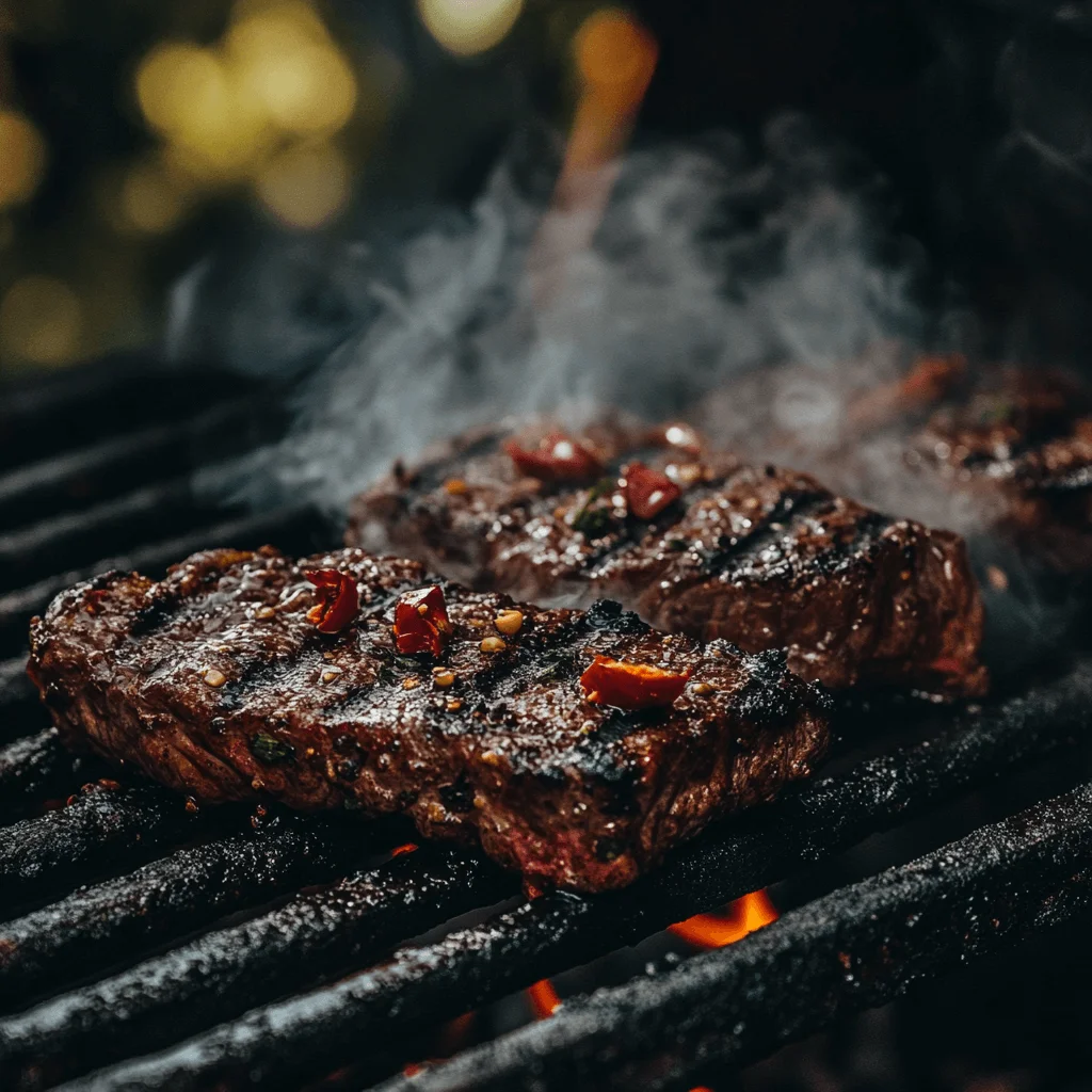 A close-up shot of chipotle-marinated steak sizzling on the grill, showing its smoky char and juicy texture.