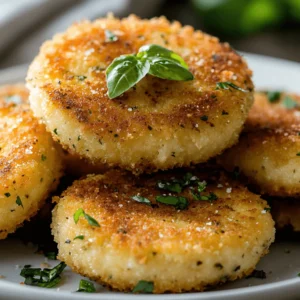 A plate of crispy, golden capellini cakes garnished with fresh herbs.