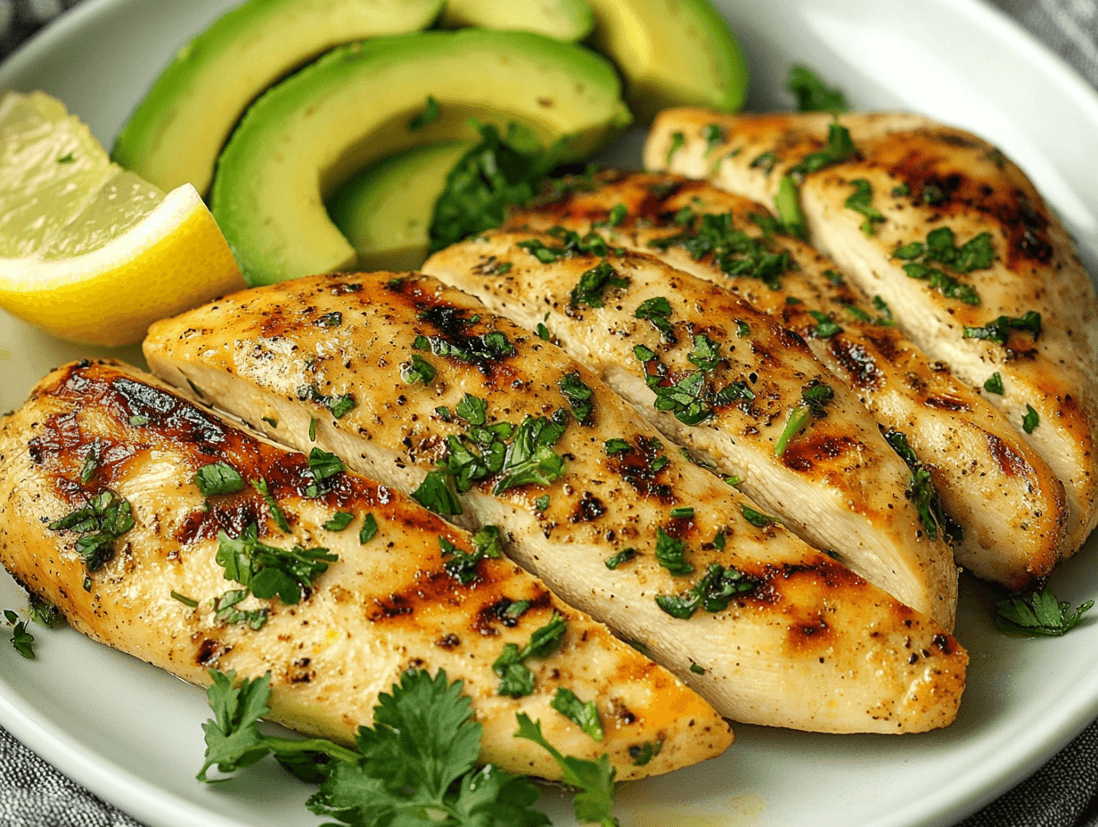 Grilled chicken breast, perfectly cooked and seasoned for a healthy chicken avocado dish."