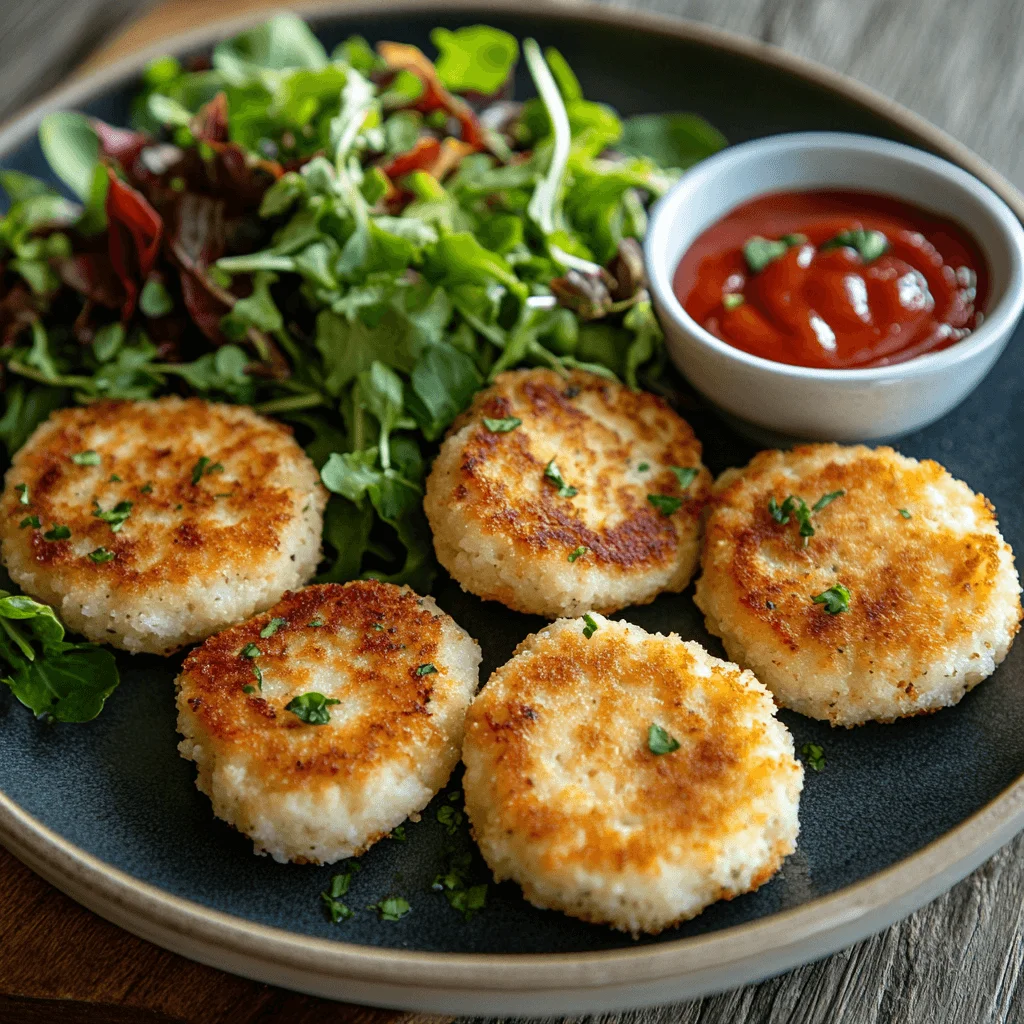 A plate of capellini cakes served with a dipping sauce and a side salad.