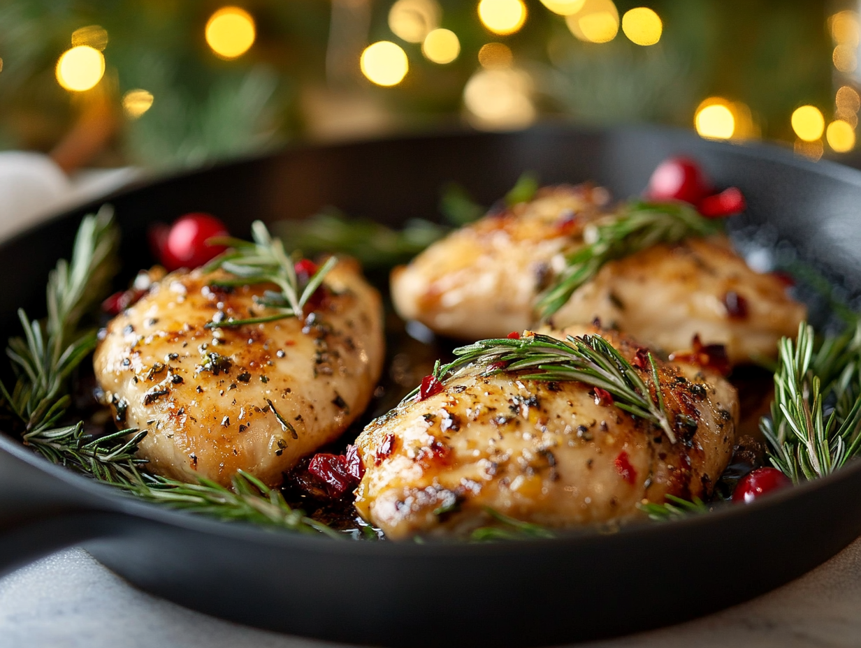 A close-up of golden brown lemon garlic chicken breasts garnished with rosemary and cranberries, served in a black skillet with festive lights in the background.