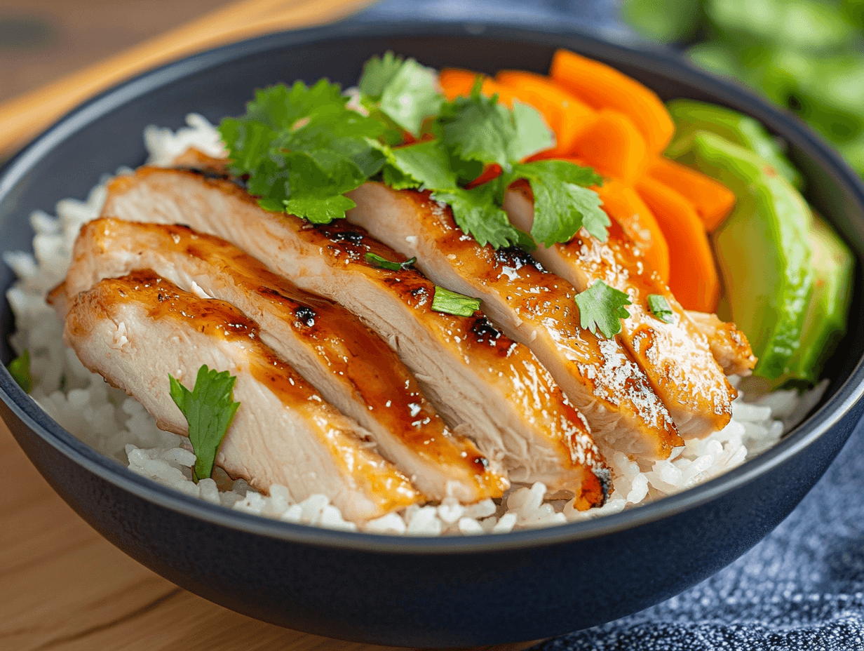 A vibrant chicken rice bowl with tender chicken, steamed jasmine rice, fresh vegetables, and a flavorful sauce