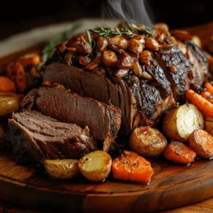 A perfectly roasted deer roast (venison) on a wooden platter, sliced and served with roasted vegetables.