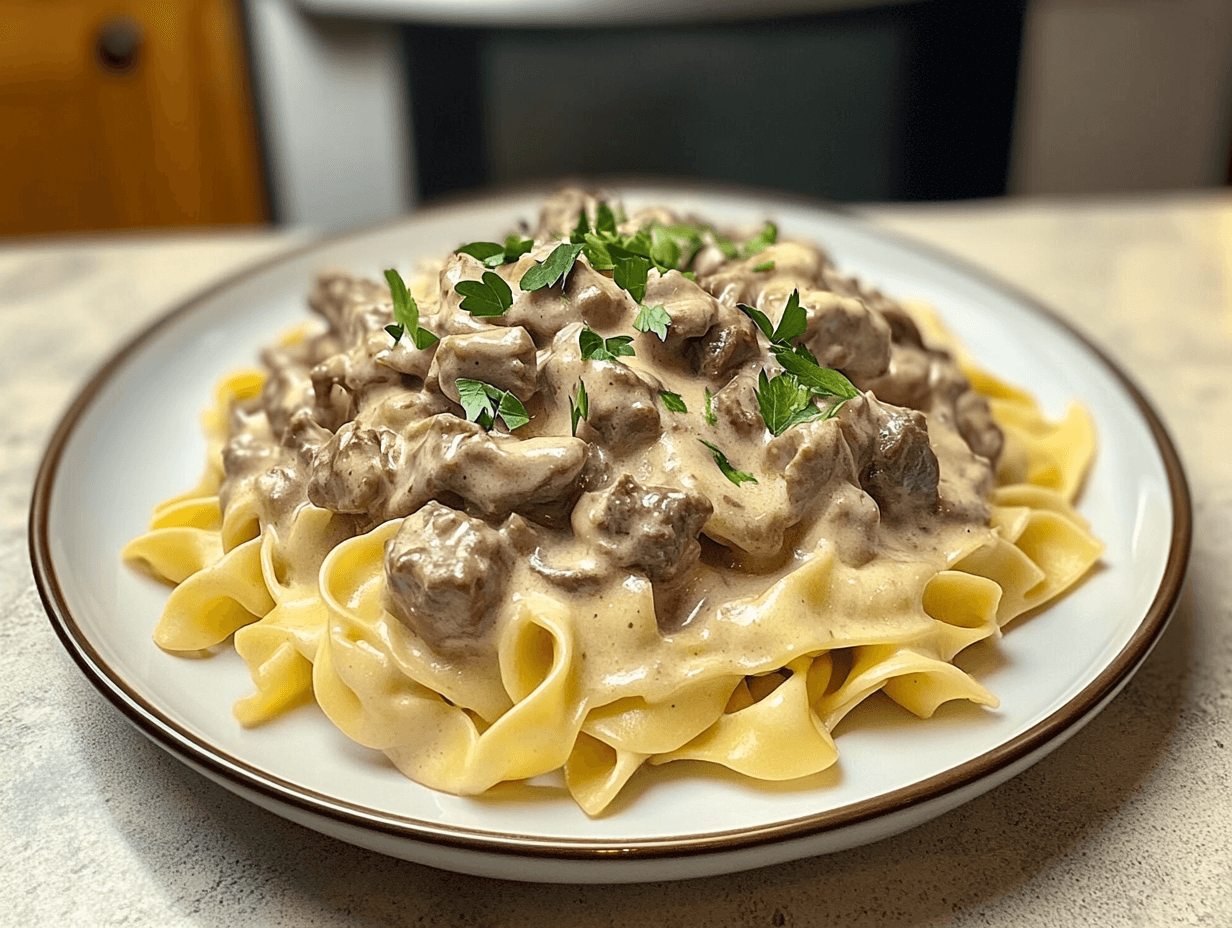 A plated portion of Hamburger Helper Beef Stroganoff, garnished with parsley.