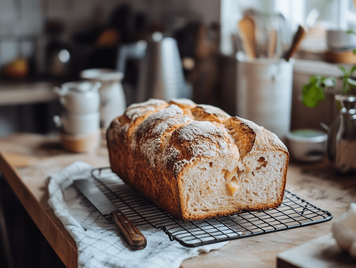 A loaf of apple cinnamon sourdough bread cooling on a wire rack, with a knife beside it ready to slice.