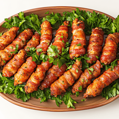 A platter with bacon-wrapped chicken tenders, garnished with fresh herbs, ready to serve.