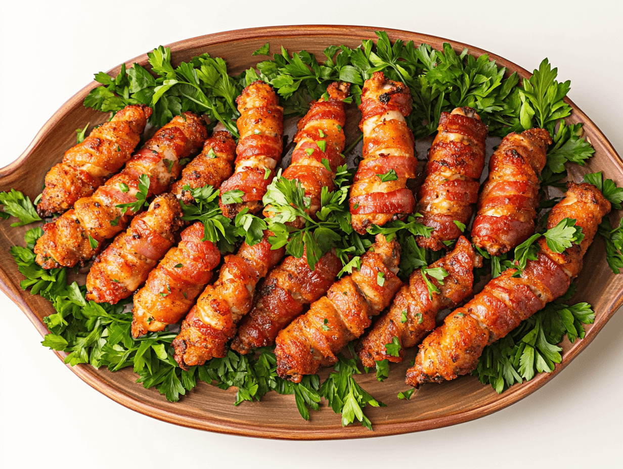 A platter with bacon-wrapped chicken tenders, garnished with fresh herbs, ready to serve.