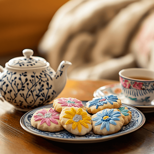 A table set with tea cups, a teapot, and flower cookies arranged on a plate.