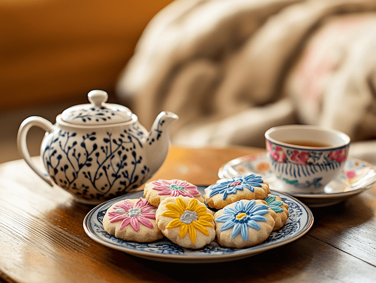 A table set with tea cups, a teapot, and flower cookies arranged on a plate.