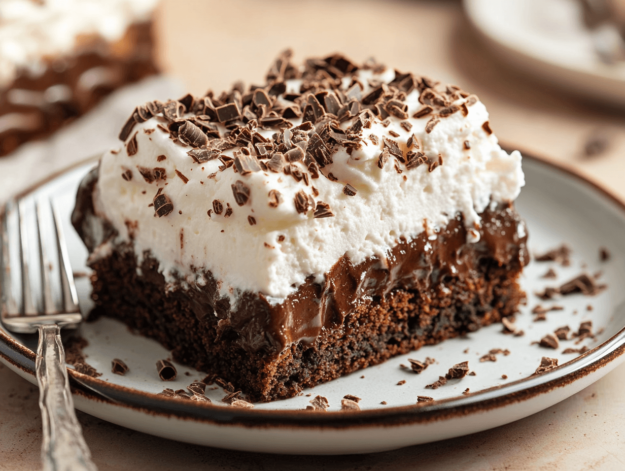 A perfectly plated slice of Death by Chocolate Poke Cake topped with whipped cream and chocolate shavings