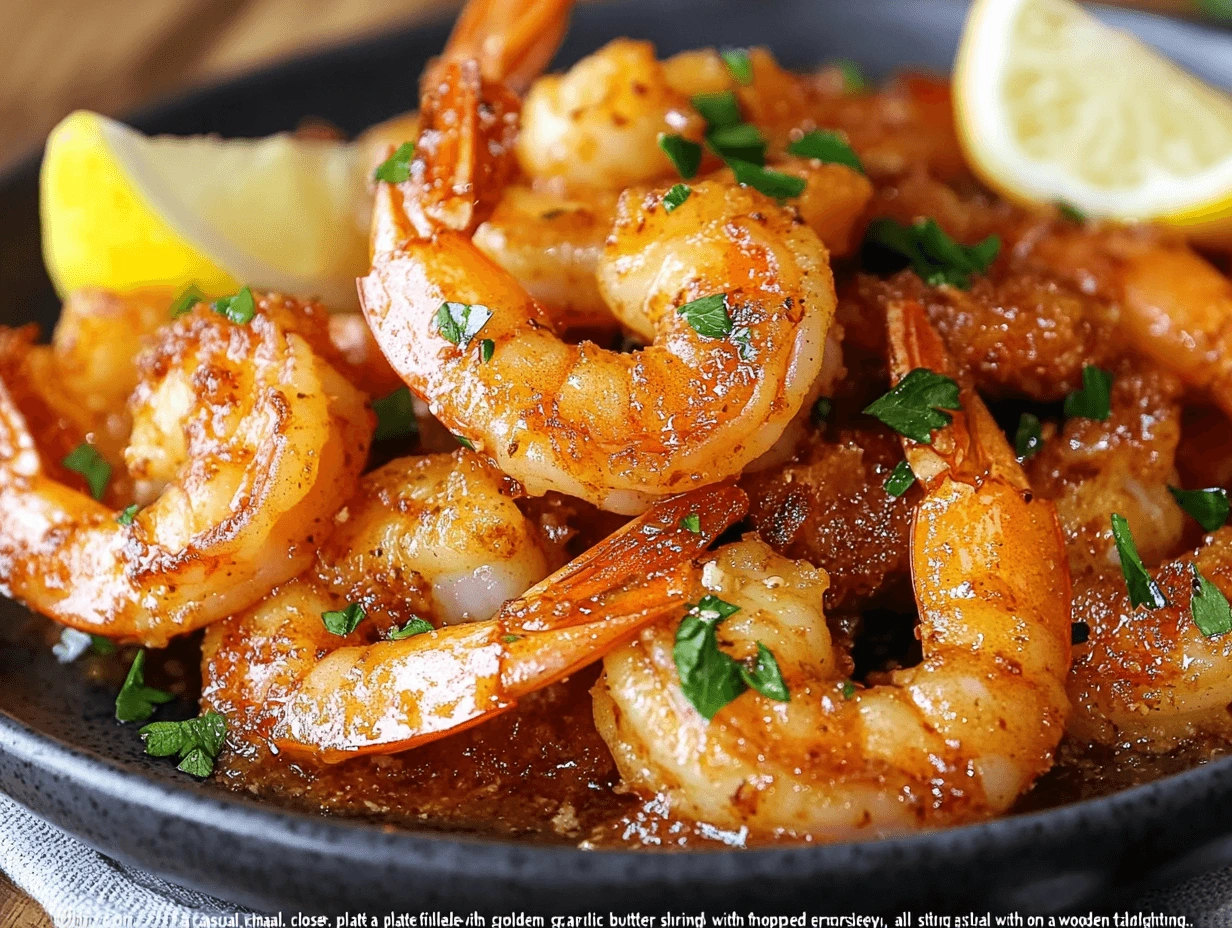 A plate of garlic butter shrimp with parsley and lemon slices.