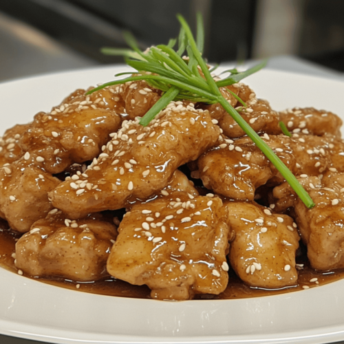 "A plate of honey glazed chicken with a golden, sticky glaze on tender chicken pieces."